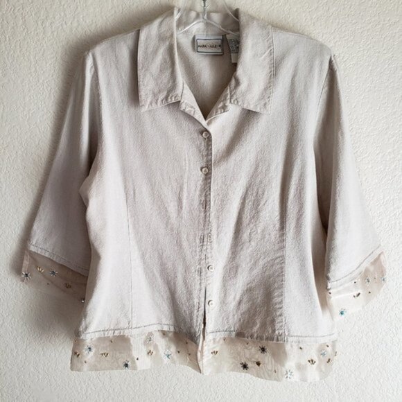 Vintage Tops - Vintage Napa Valley Linen/Rayon Blouse Top Beaded Embroidered Trim size M